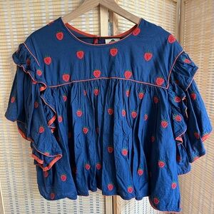 FARM Rio Navy Blue Ruffled Strawberry Embroidered Blouse